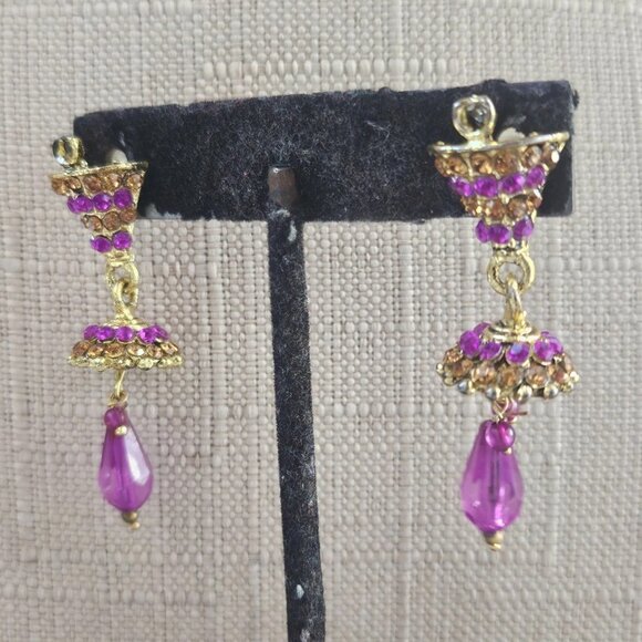 Fashion Earrings Gold/Purple Tone Crystal Drop Down Fashion Jewelry - Picture 8 of 11